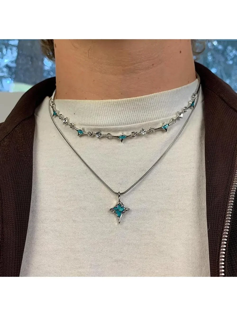 Cyber y2k 2000s style Futuristic Star pendant turquoise silver necklace. 2 neckl